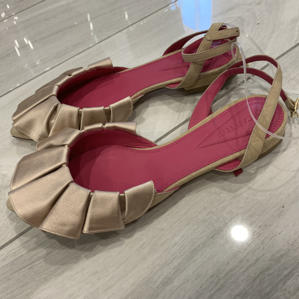 Oscar Tiye Valerie Beige Ruffled Ankle Strap Flat